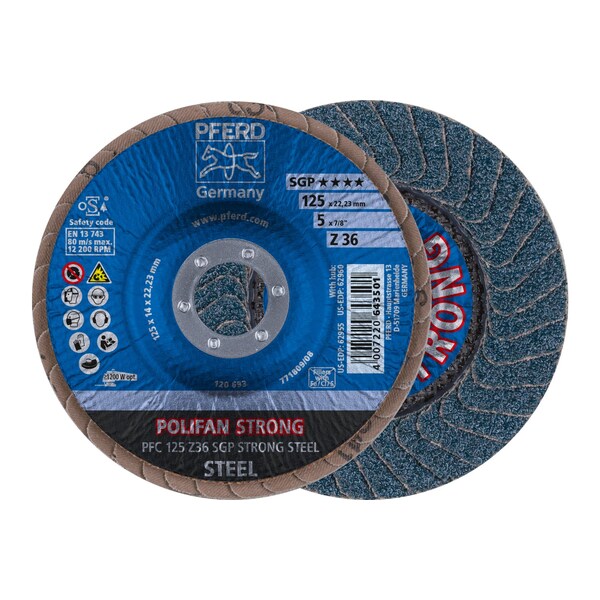 Pferd 5" x 7/8" A.H. POLIFAN Flap Disc - Z SGP STRONG STEEL, Zirconia, 36 Grit, Conical 62955 - main